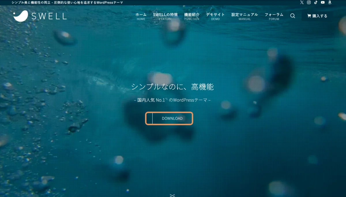 SWELL公式トップのDOWNLOADボタン（オレンジ枠で示した位置）