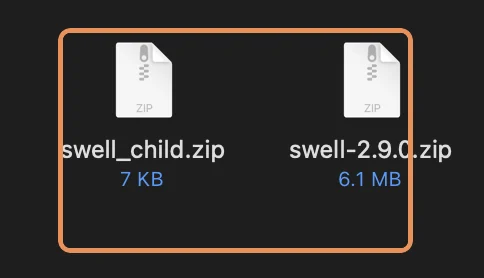 入手した親テーマ（swell-X.X.X.zip）と子テーマ（swell_child.zip）の2ファイル。バージョンはダウンロードのタイミングで異なる