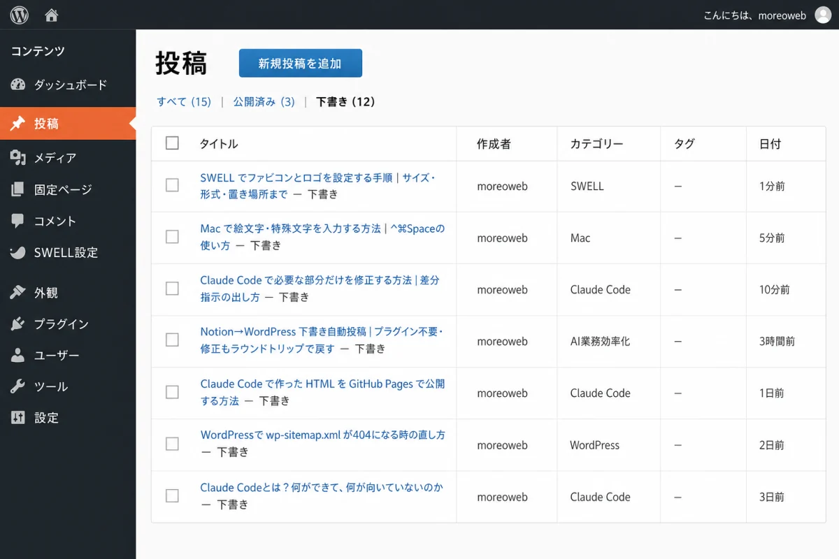 WordPress 管理画面の投稿一覧で「下書き」フィルタを選んだ状態の合成画面：7件の下書きがタイトル・作成者・カテゴリー・日付の列で並ぶ