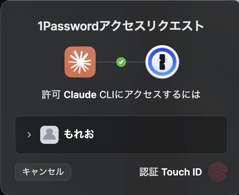 1Passwordのアクセスリクエスト画面。Claude CLIへのアクセスをTouch IDで承認する場面のスクリーンショット（アカウント名・顔写真はマスク済み）