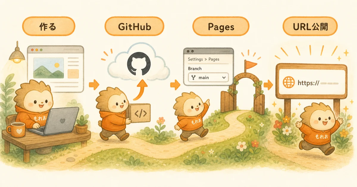 Claude Codeで作ったサイトをGitHub Pagesで公開するまでの流れを示した図