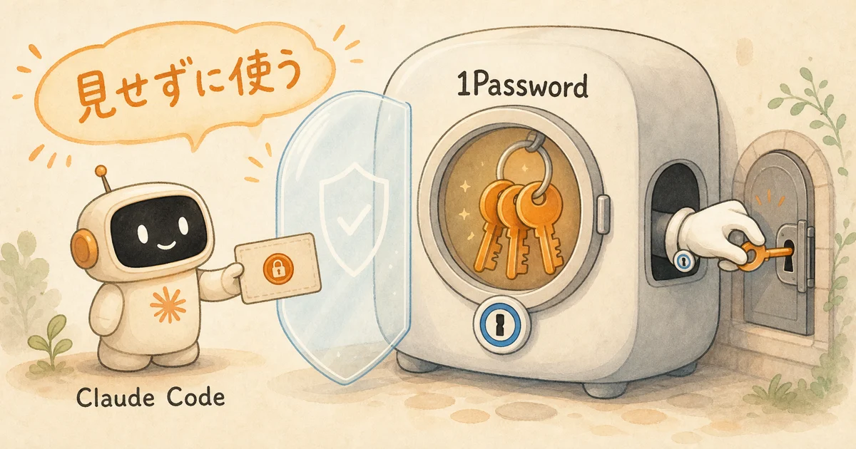 Claude Codeと1Passwordの連携のしくみ図。認証情報は1Passwordに預けたまま中身を見せずに使えることを表したイラスト
