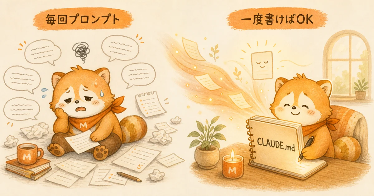 毎回書くプロンプトとCLAUDE.mdの常設ルールの違いを対比で示した図