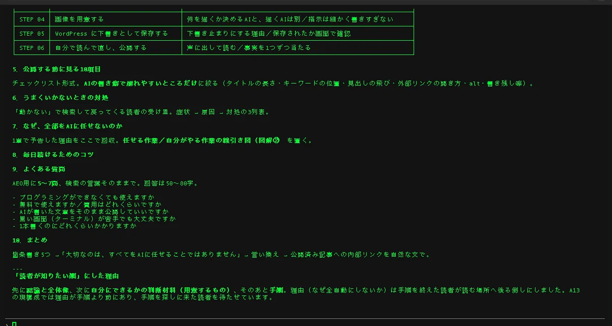 Claude Code に記事の構成を頼んだ結果、見出しの並びがステップ形式で返ってきた画面