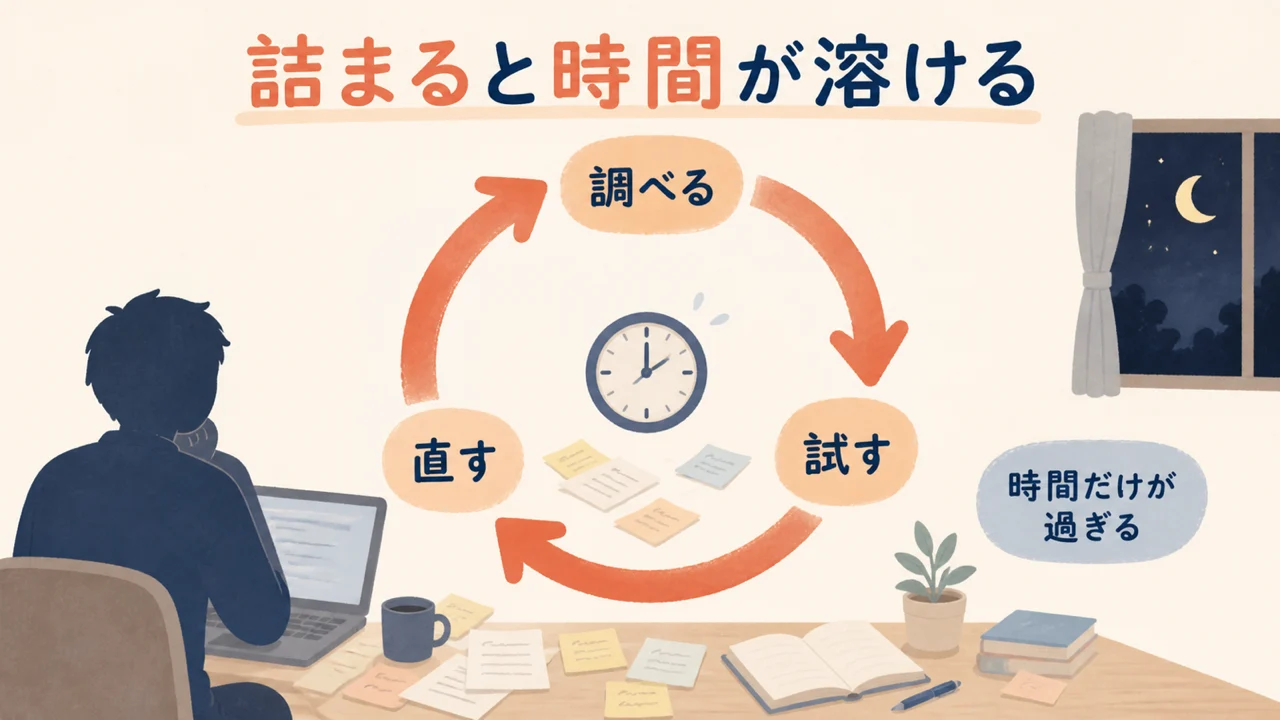 Web制作の実装で詰まり調査と修正を繰り返して時間が過ぎていく流れ