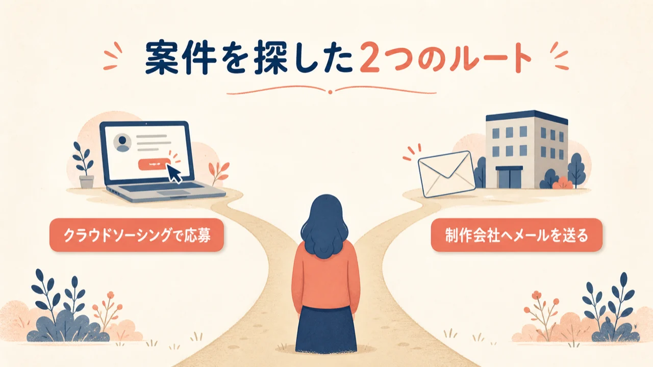 案件を探した2つのルート。左はクラウドソーシングで応募する道、右は制作会社へメールを送る道に分かれている図解