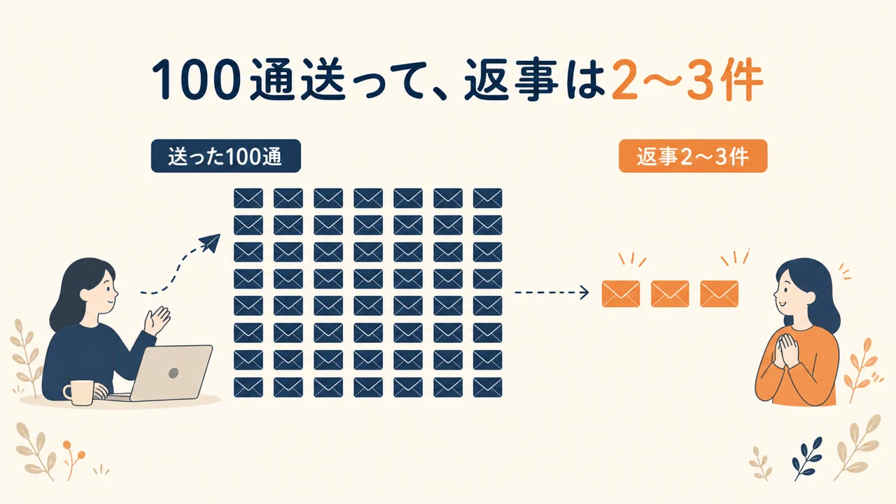 制作会社へ送ったメール100通のうち、返事をもらえたのは2〜3件だったことを封筒の数で表した図解