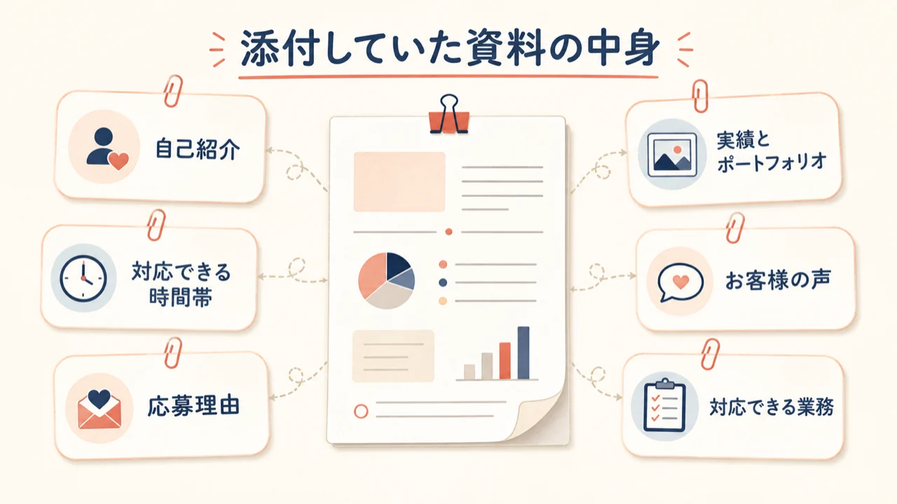 営業メールに添付していた提案資料の中身。自己紹介・対応できる時間帯・応募理由・実績とポートフォリオ・お客様の声・対応できる業務の6項目を並べた図解