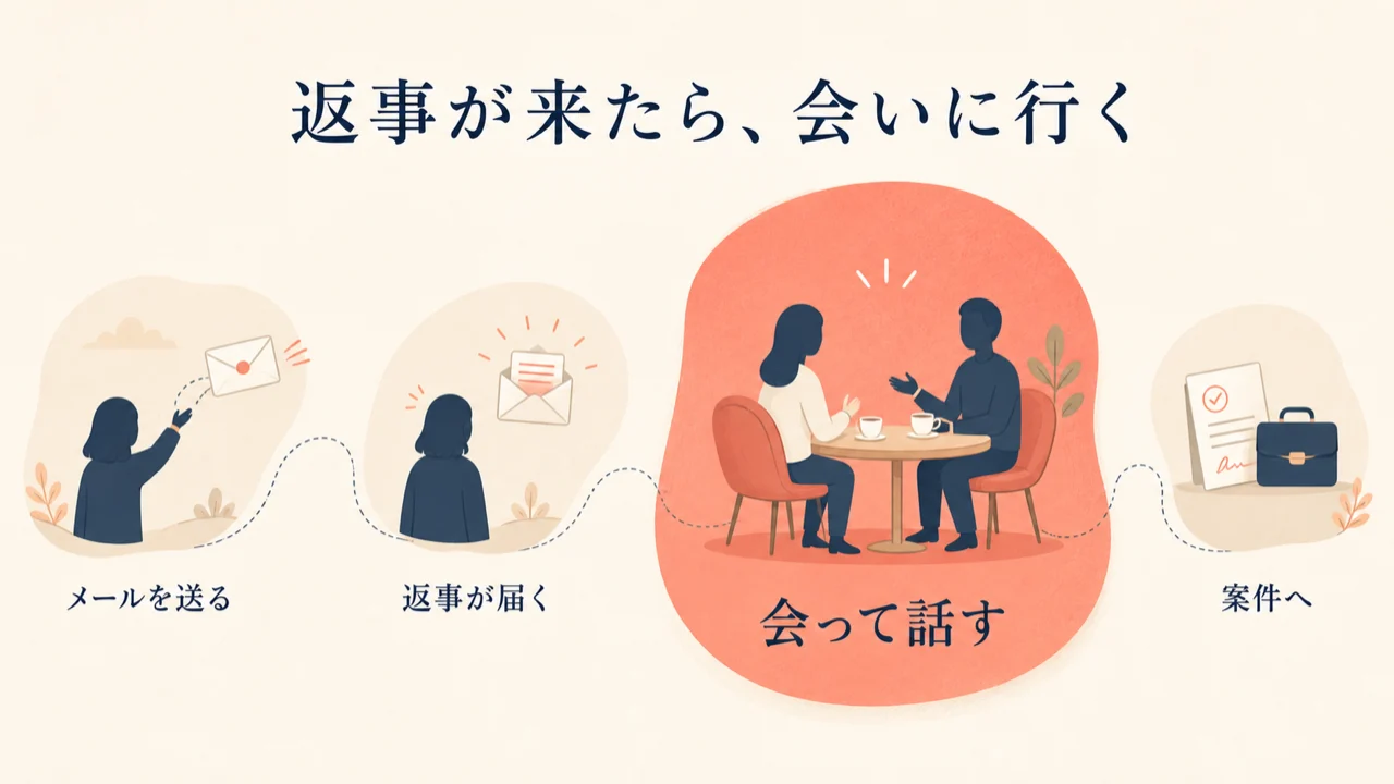 メールを送る、返事が届く、会って話す、案件へ、という流れを4段階で表した図解