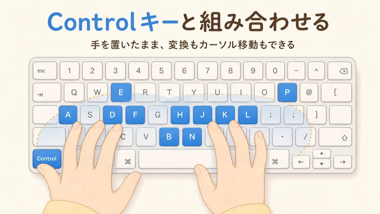 Controlキーと組み合わせる文字キーの位置を示したMacキーボードの図