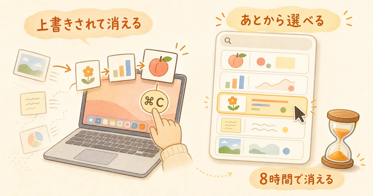 Macのコピー履歴の図解。コピーを繰り返すと前の内容は上書きされて消えるが、Spotlightのクリップボードには数件が残っていてあとから選べる。残るのは8時間