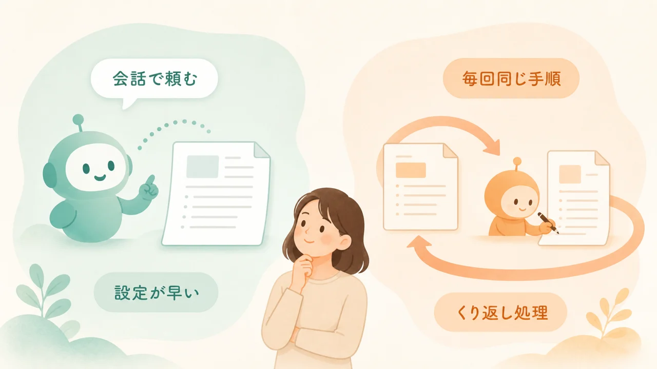AIとNotionのつなぎ方を、会話でその場で頼むやり方と、決まった処理をくり返すやり方の2通りで比べた図解