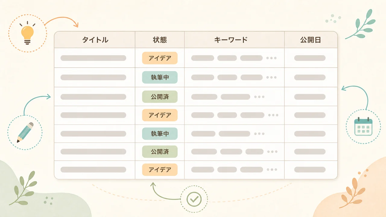 1行が1記事になっている記事管理の台帳。タイトル・状態・キーワード・公開日の列があり、状態の列にアイデア・執筆中・公開済の札が色分けで並んでいる図解