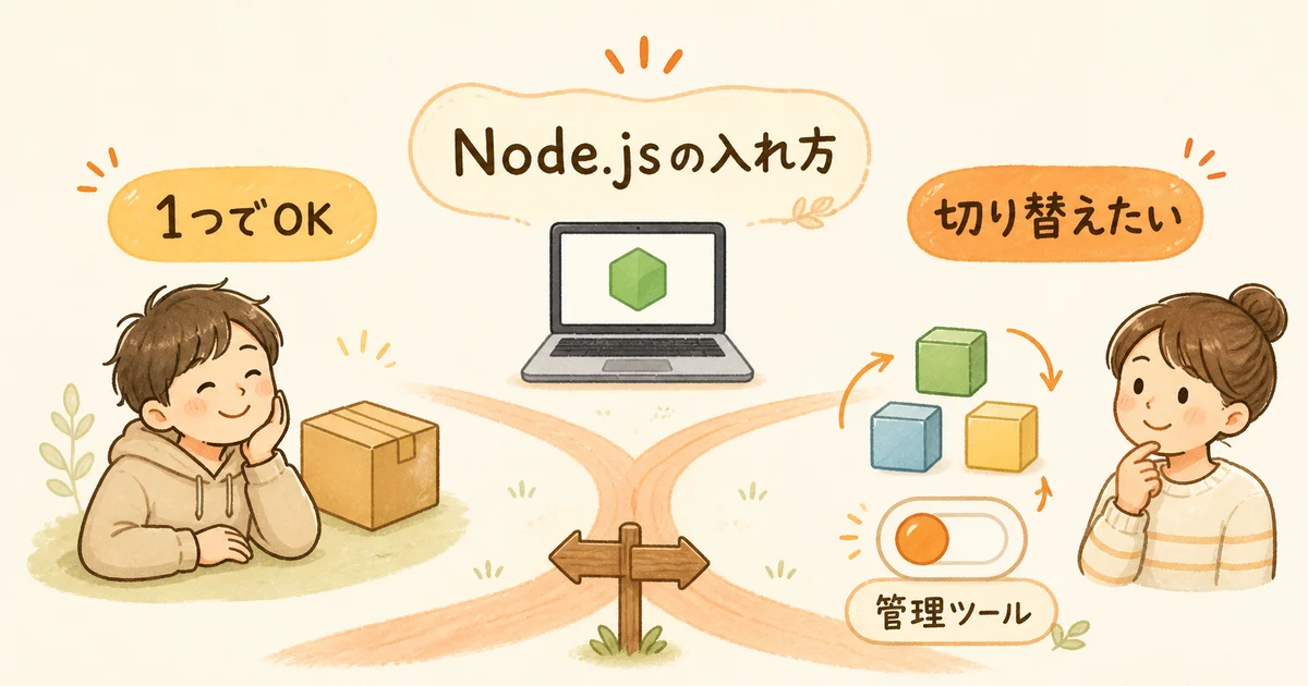 Node.jsをMacに導入する方法の選び分けを示した図解。分かれ道の左に「1つでOK」と箱のイラスト、右に「切り替えたい」と複数のバージョンを表すブロックと管理ツールのイラストを並べ、あとでバージョンを切り替えたいかどうかで選ぶことを示している