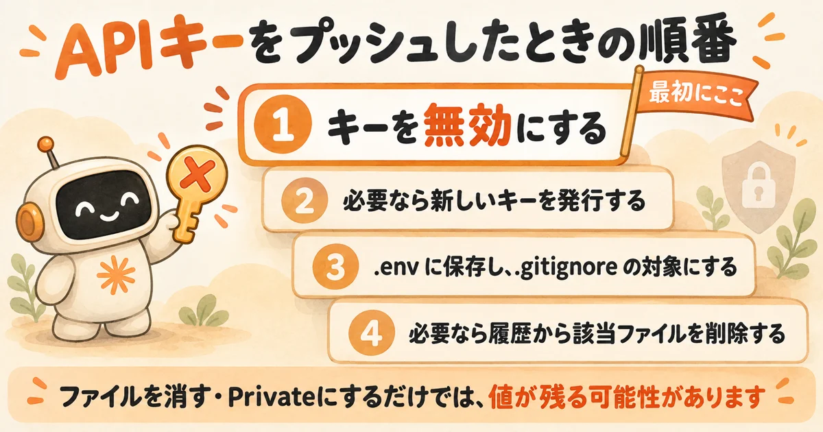 APIキーをプッシュしたときの対応の順番。キーを無効にし、新しいキーを発行し、.envと.gitignoreで管理し、必要なら履歴から削除する
