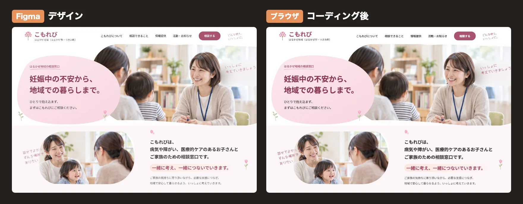 左にFigmaのデザイン、右にブラウザで表示したコーディング後の画面を並べた比較画像
